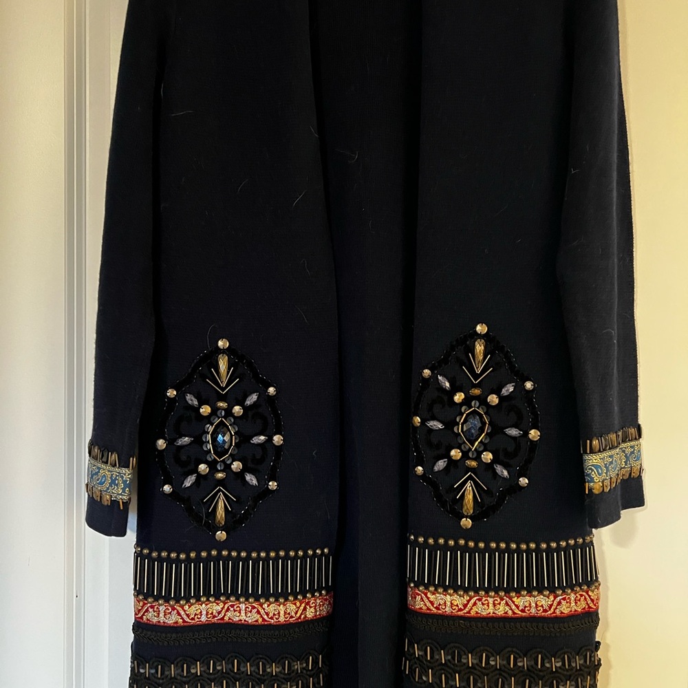 Chico's Blue Cardigan with Gold Embroidery and Fringe
